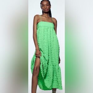 ZARA Green Textured Empire Waist Tiered Maxi Dress Size XS Bloggers Favorite!